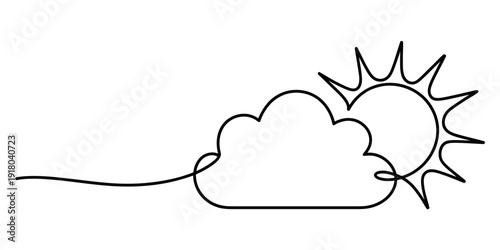 Continuous line art drawing of a cloud partially covering the sun, representing a weather forecast Vector, illustration