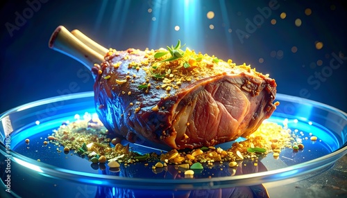 Gourmet Roasted Pork Hock with Herbs on Elegant Blue Plate