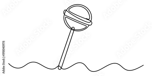 A simple black and white line art illustration of a lollipop with a round head and a stick. Vector, illustration