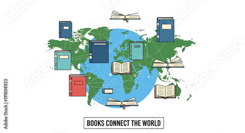 Global literacy icon collection. Includes books, reading, education, and world map symbols. Created in colorful flat style with vibrant palette.