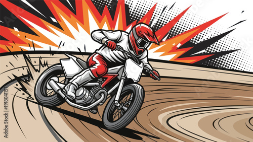 Motocross rider racing on track with burst effect vector illustration