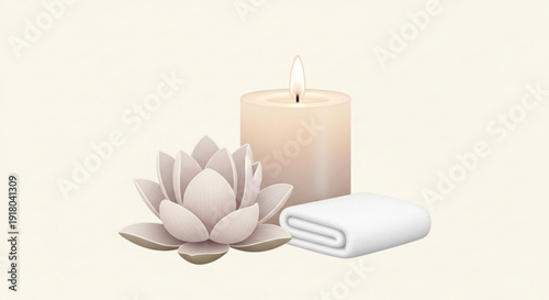 Serene spa setup with lit candle rolled towel and lotus flower for relaxation and wellness ambiance
