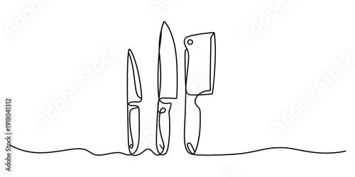 A continuous line art drawing depicting three different types of kitchen knives standing side by side Vector, illustration