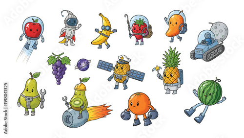 Fruit Space Exploration: An imaginative illustration showcasing a variety of fruits embarking on an interstellar journey, embodying fun and creativity in the vast expanse of space.