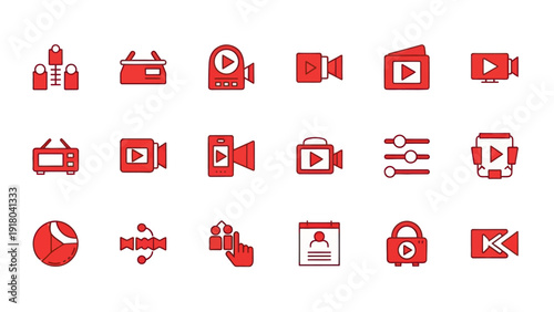 Set of red video camera icons digital recording and media concepts