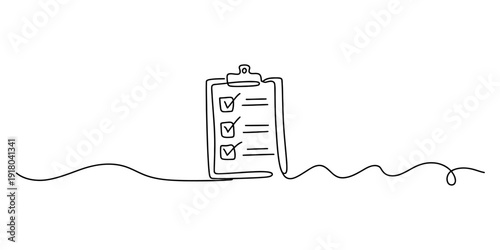 A continuous line art drawing of a clipboard with a completed checklist on a white background Vector, illustration