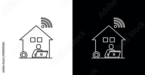 Remote Work from Home Line Icon with House Laptop and WiFi Signal in Light and Dark Background