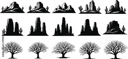Desert Mesa and Cactus Silhouette Vector Set Featuring Detailed Bare Tree Illustrations and Western Landscape Elements for Nature and Outdoor Graphic Design