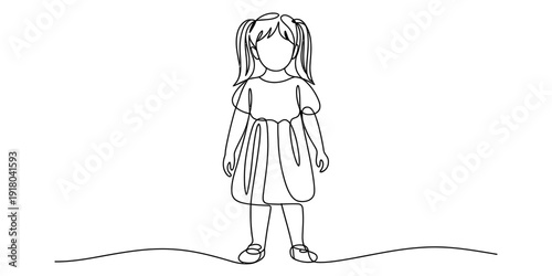 A simple continuous line sketch illustrating a young girl standing and looking forward Vector, illustration