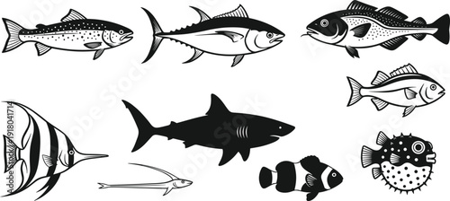 Fish Silhouette and Line Art Vector Set Featuring Shark Tuna Salmon and Tropical Reef Species for Seafood Restaurant and Marine Life Design