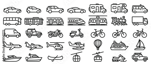 Various transport vehicles and vessels icons collection illustration