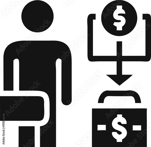 A businessman standing beside a diagram showing money flowing into a briefcase