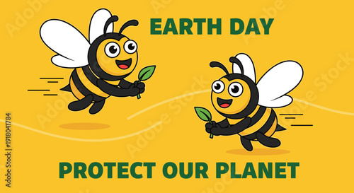 Cartoon Bees Holding Leaves Running Together.