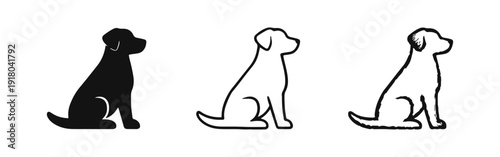 Sitting Dog Icon Set with Floppy Ears in Solid, Outline, and Hand-Drawn Styles for Pet and Canine Designs