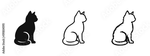 Sitting Cat Icon Set in Solid, Outline, and Hand-Drawn Styles for Feline and Domestic Pet Designs