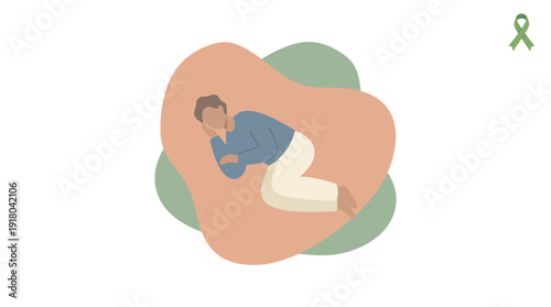 A person lying in a fetal position, appearing to be in distress or sadness, with a mental health awareness ribbon in the corner.