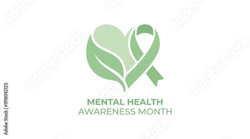 A light green heart with leaves and an awareness ribbon, symbolizing Mental Health Awareness Month on a white background.