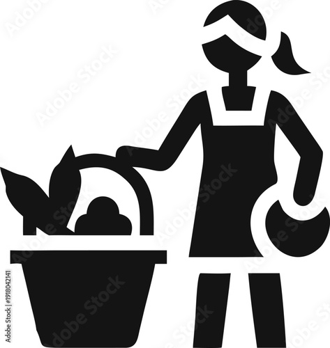 A gardening enthusiast tending to plants with a large basket and a handheld scoop tool