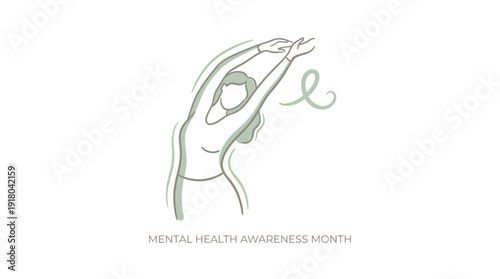 A minimalist line art illustration depicting a person stretching, with a green awareness ribbon, symbolizing mental health awareness month.