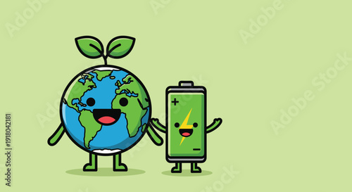 Cartoon Earth and Battery Characters Smiling.