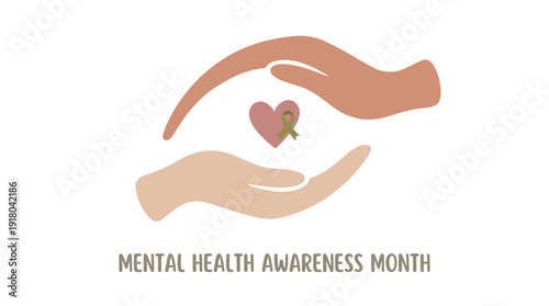 An illustration for Mental Health Awareness Month featuring two hands cradling a pink heart with a green ribbon, symbolizing care and support.