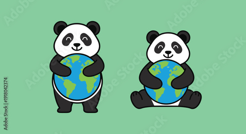 Panda Bears Hugging Globe Illustration.