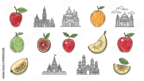 Sketchy Fruits and Architectural Icons: A charming collection of hand-drawn fruits and iconic architectural landmarks, rendered in a whimsical sketchy style. 