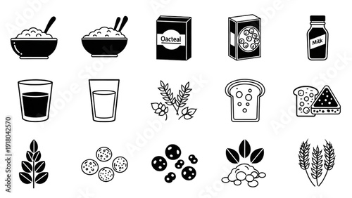 Assorted Food Vector Icon Sheet Featuring Grains, Beverages, and Baked Goods from Various Angles