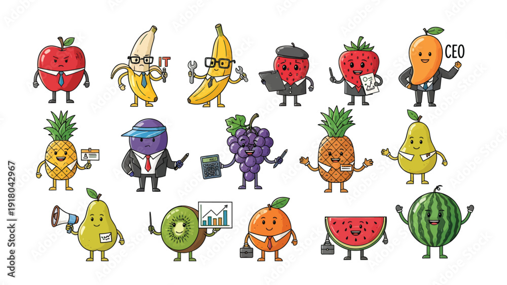 Obraz premium Fruitful Business Professionals: A vibrant collection of cartoon fruits, each embodying a different business persona, creating a playful and imaginative scene with business theme.