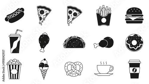 Vector Icon Sheet Featuring Food Items, Desserts, and Beverages in Modern Flat Design