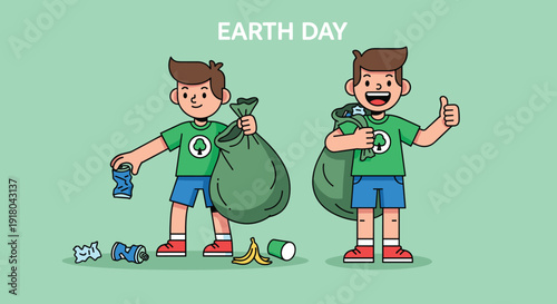 Cartoon Boy Holding Trash Bags Smiling.