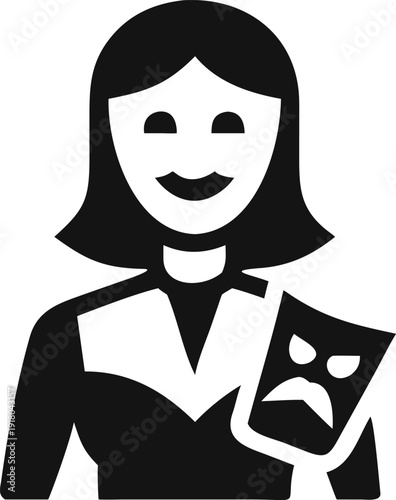 A professional woman with a smiling face proudly holding a sad theatrical mask