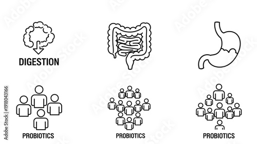 Vector Icon Sheet Illustrating Digestion and Probiotics Concepts with Simple Line Art