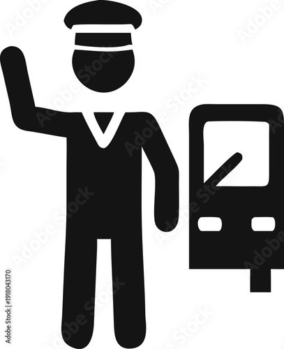 A public transport employee in uniform waving near an automated ticket machine