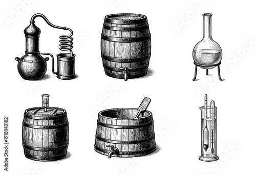 Vintage woodcut illustration of distillery equipment featuring copper stills fermentation barrels and laboratory glassware