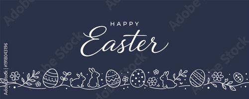 Happy Easter dark background design. Elegant lettering with line art rabbits eggs and flowers. Decorative festive border composition