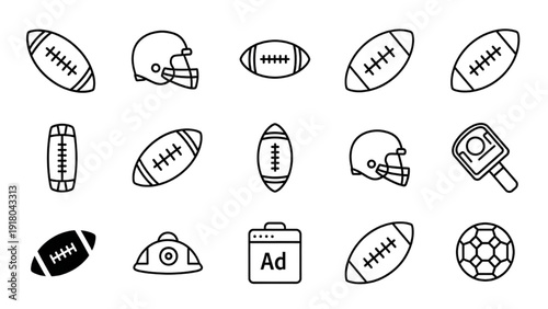 Vector Icon Sheet Featuring Sports Equipment and Helmets in a Grid Layout