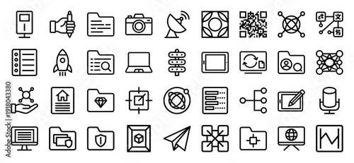 Business and technology line icon set featuring vector pictograms of a laptop, camera, folder, satellite, rocket, qr code, tablet, and microphone in thick outline style.
