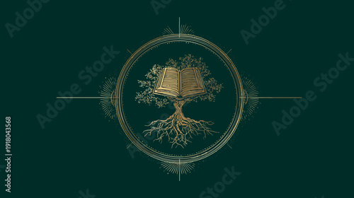Golden ancient book and tree symbol. Open tome growing into a tree, representing knowledge, wisdom, nature, and growth in mystical emblem.