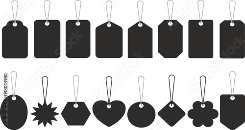 Blank black price tag silhouette vector icon set, hanging paper labels for retail shopping and sales