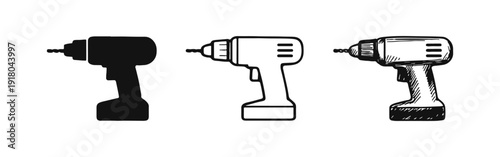 Electric Drill Icon Collection. Solid, Line Art, and Sketch Styles for Construction and DIY Projects.
