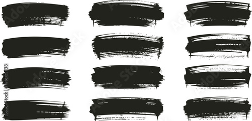 Black paint brush stroke vector set, artistic grunge ink textures for creative background and abstract design
