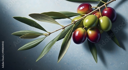 Fresh olive branch with green and ripening purple-red olives and slender leaves, resting on a textured light blue-gray surface with soft natural light.