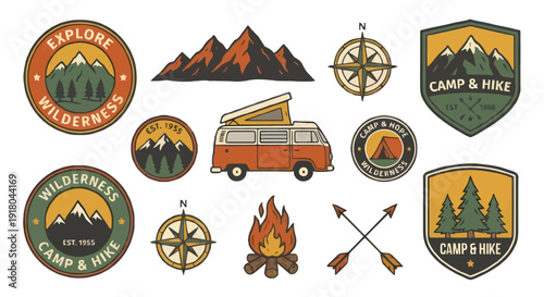 Vintage set of vector camping icons and summer travel stickers featuring cartoon car illustrations and outdoor adventure label symbols for retro USA road trip art design