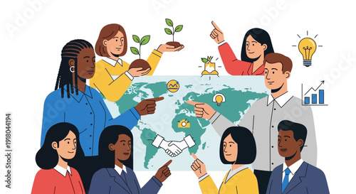 Diverse group of business professionals collaborating globally