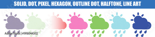 Rain Cloud in Various Styles and Colors for Digital Design solid, dot, pixel, hexagon, outline dot, halftone, and lines effects