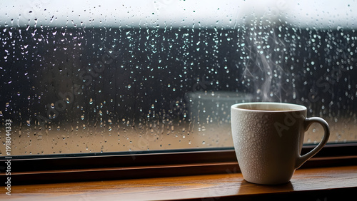 Cozy morning with steaming cup of coffee on a rainy day by window