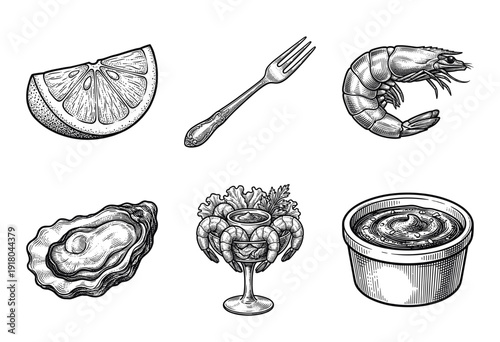 Vintage woodcut seafood illustration set featuring shrimp cocktail oyster lemon wedge and dipping sauce in hand drawn engraving style.