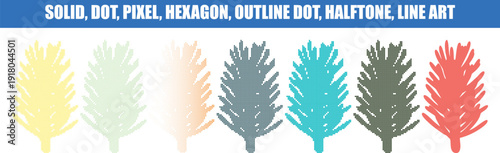Tree in Various Styles for Graphic Design Elements solid, dot, pixel, hexagon, outline dot, halftone, and lines effects