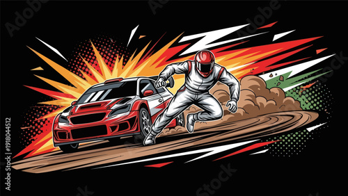 Racing car with driver speeding on dirt track vector illustration